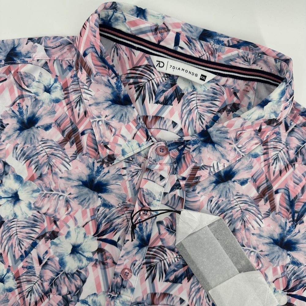 7 Diamonds Torres Polo Shirt Men XXL Pink Blue Floral Tropical 4-Way Stretch NEW